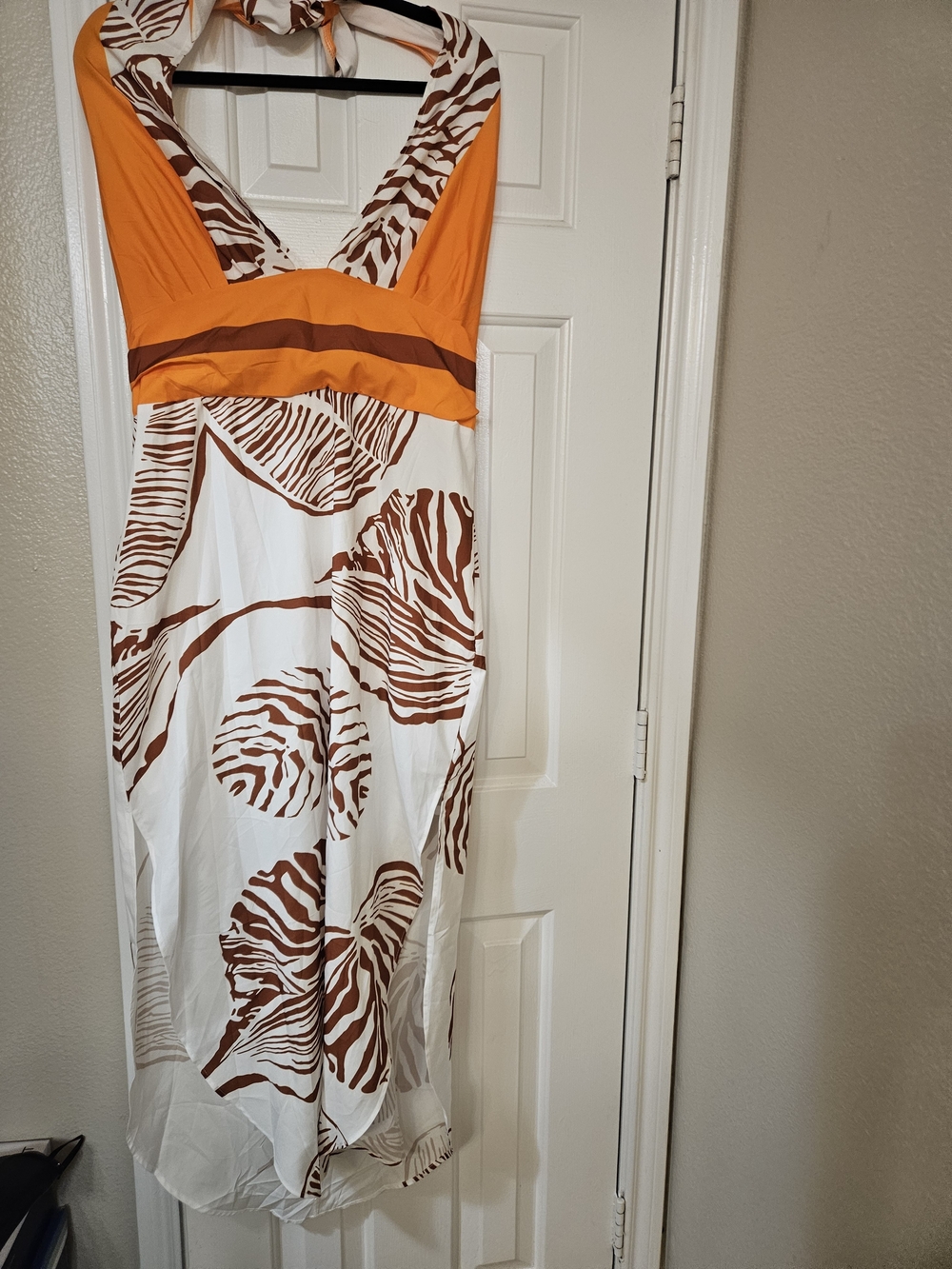 Orange Halter Maxi Dress with Brown Leaf Print